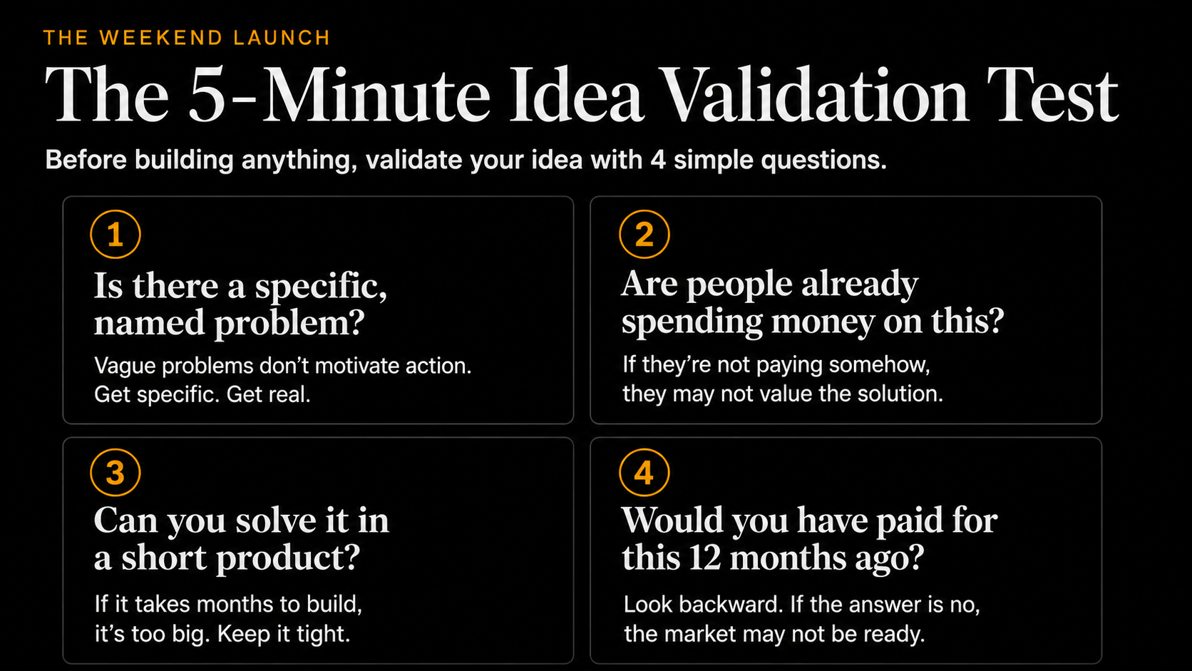 Real page from The Weekend Launch showing the 5-Minute Idea Validation Test.